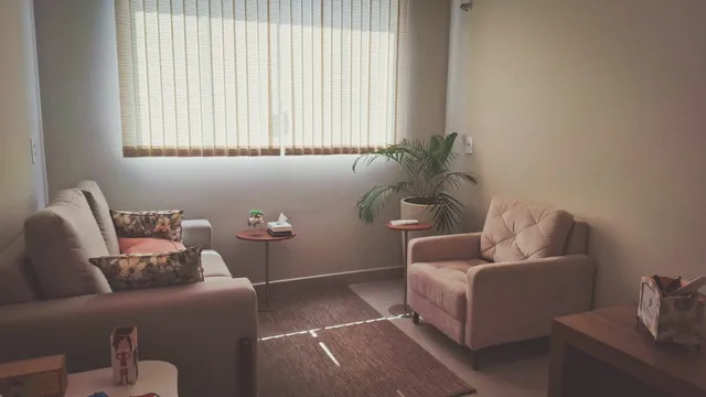 A sala de atendimento: sofá e poltrona frente a frente, a luz entrando pela persiana e uma planta ao fundo